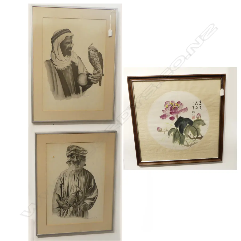 3 ARTWORKS; PR ARAB GENT PORTRAIT PRINTS 480x330mm + ORIENTAL FLORAL WC 340mm dia Image 1++