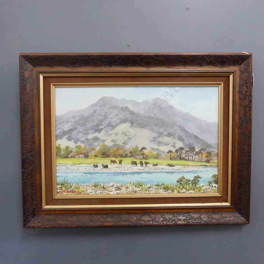 GRAEME WHIMP 'CATTLE ON SHINGLE BANK, HAUPARPARA RIVER, EAST CAPE' OIL ON BOARD '84 295x445mm Image 1++