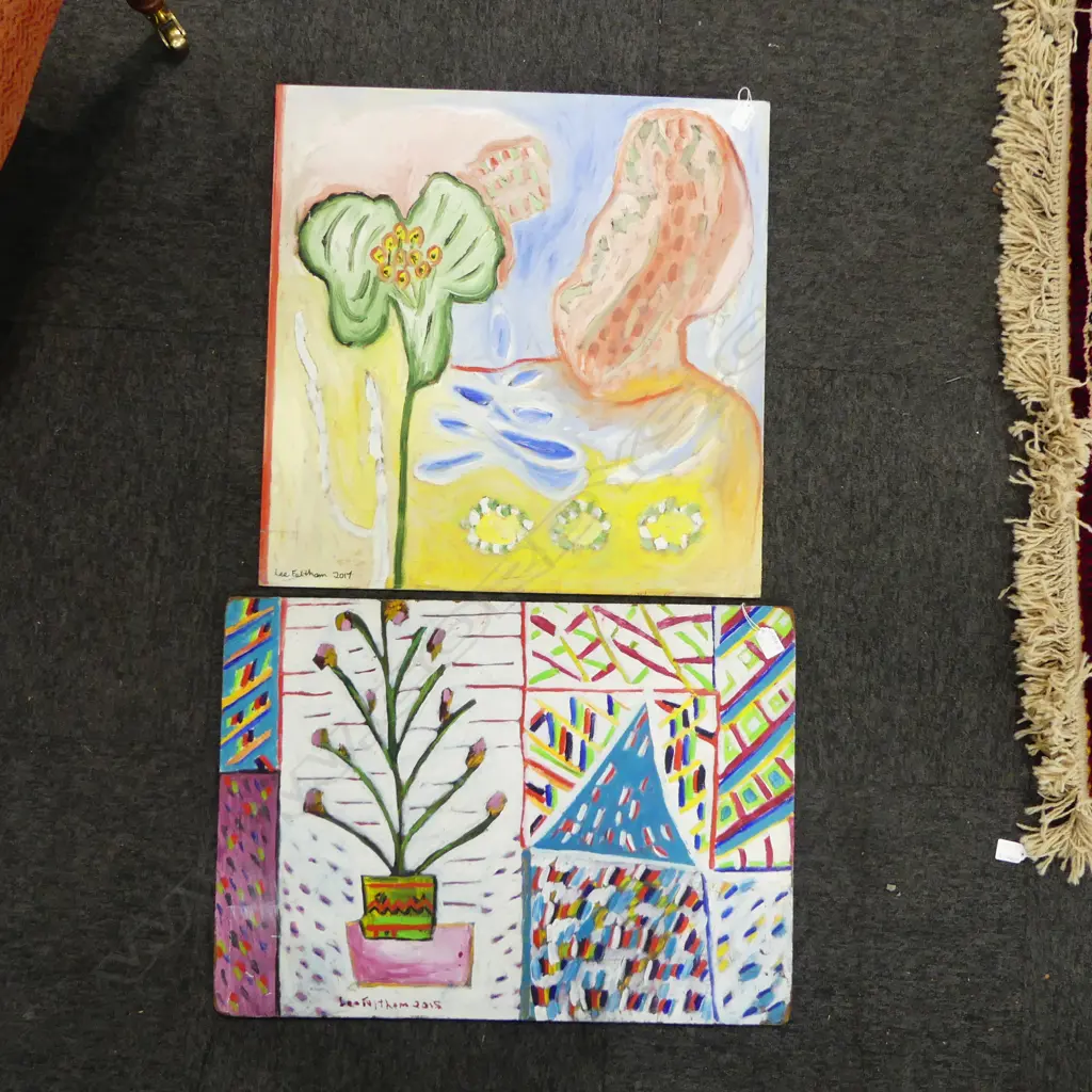 LEE FELTHAM, "I SAY BLUE" & " FLOWER GRAAL", ACRYLIC ON BOARD x 2, SIGNED 2015 and 2017, 500 X 700MM provenance below Image 1++