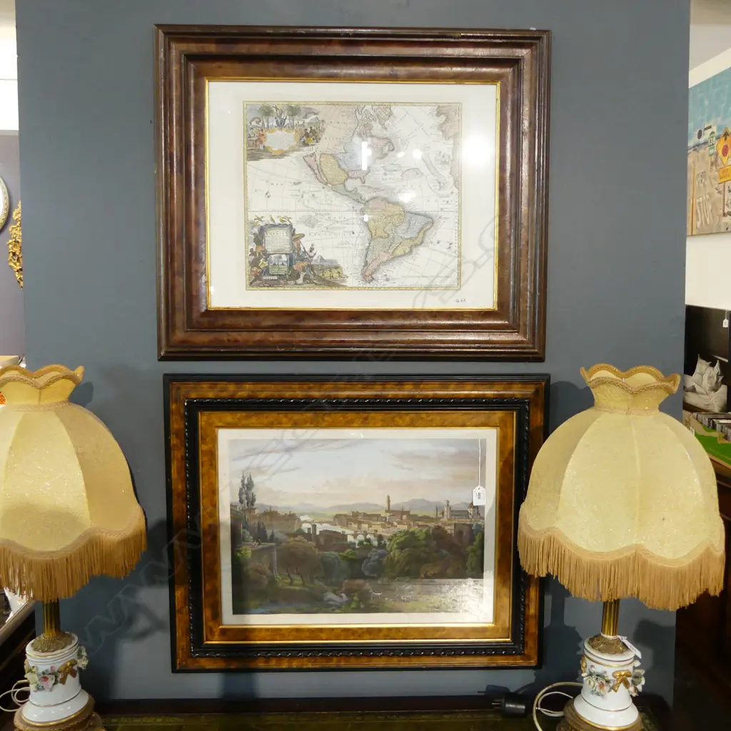 2 PRINTS; MAP OF AMERICAS, VIEW OF FLORENCE 370x505mm Image 1++