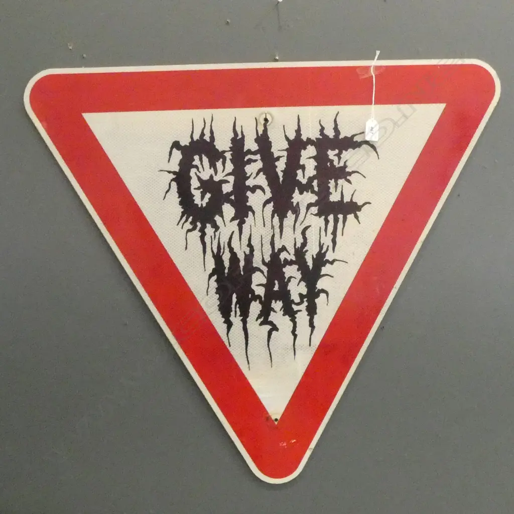 GRAFFITIED NZ METAL GIVE WAY SIGN h  760 mm Image 1++