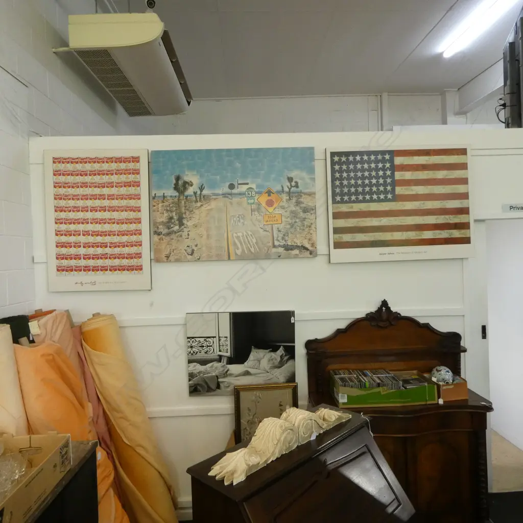 4 LG MODERN PRINTS; AMERICAN FLAG, CAMPBELLS SOUP, B/W BEDROOM, CALIFORNIA DESERT  Image 1++