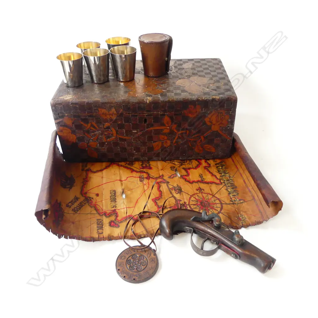 WOOD CARVED BOX & ASSORTED COSTUME INCLUDING MAP Image 1++