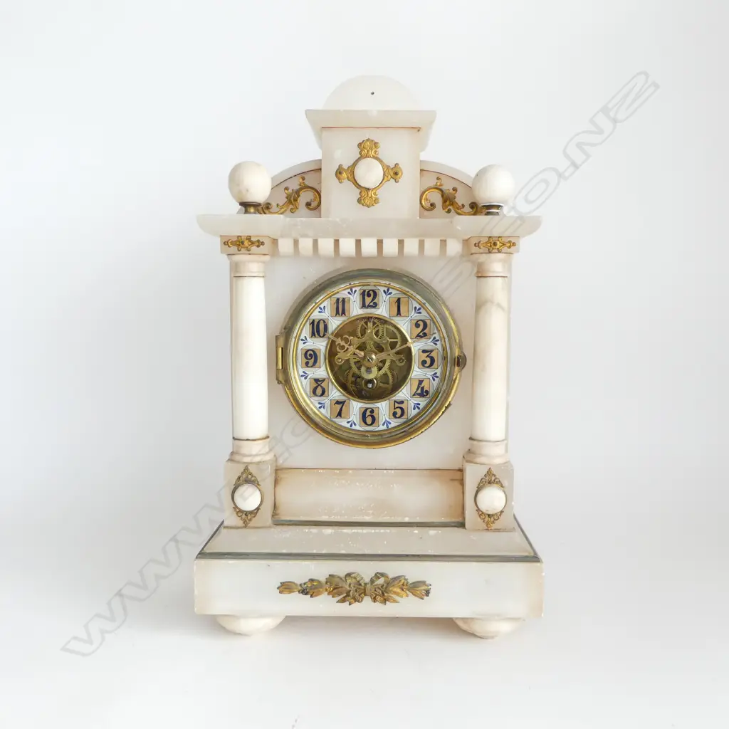 ANTIQUE ALABASTER MANTLE CLOCK H.395mm Image 1++