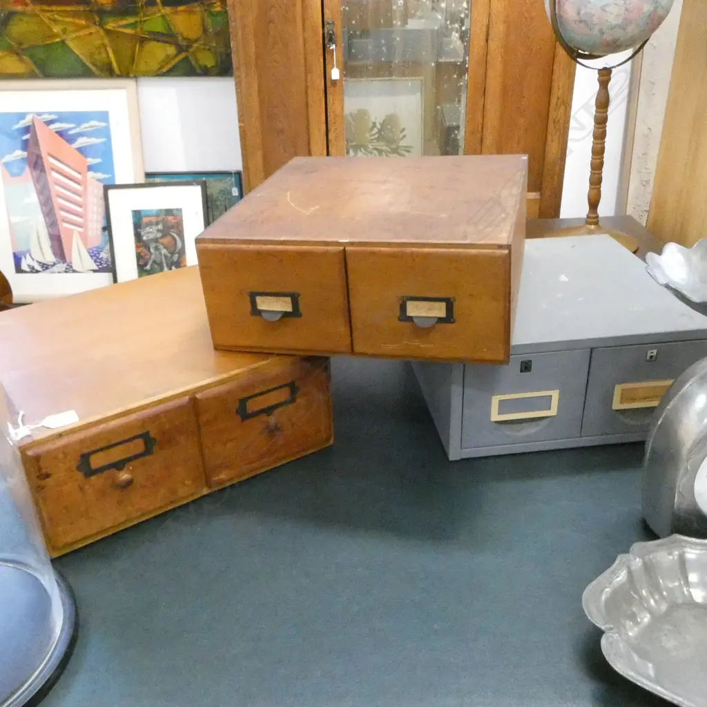 3 SMALL FILING DRAWERS; 2 WOODEN 1 METAL Image 1++