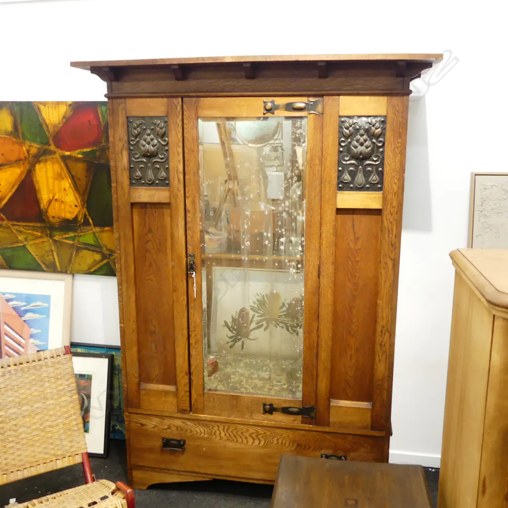 ARTS & CRAFTS OAK WARDROBE w. MIRROR 1430x540x1960mm Image 1++