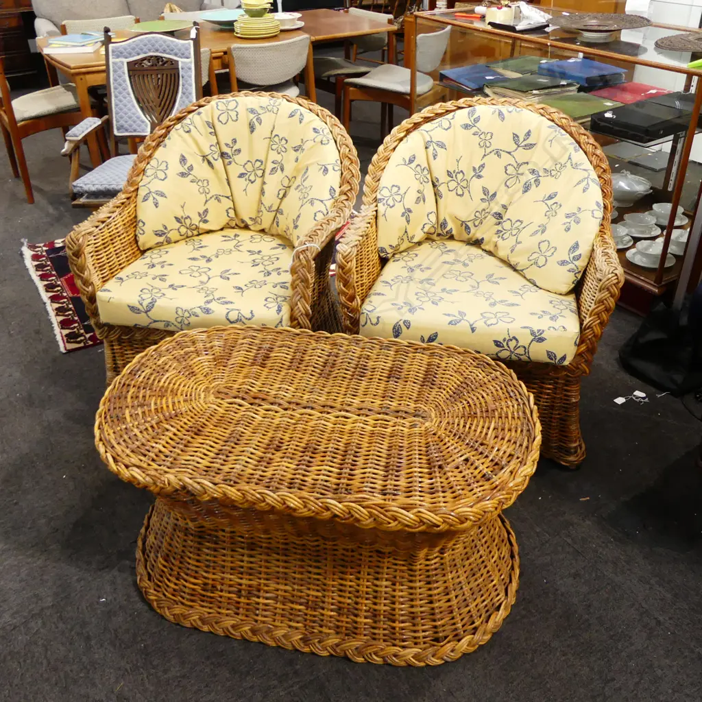 3 PCE WOVEN CANE SET; PR CHAIRS & TABLE Image 1++