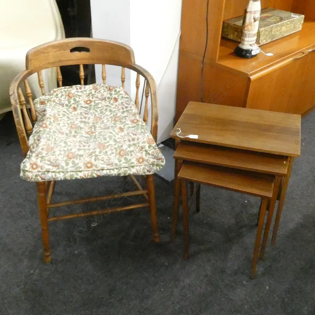 SPINDLE BACK CHAIR w. CANE SEAT (NEEDS RESTORATION) H.770mm & 3 WOODEN NESTING TABLES H.520mm Image 1++