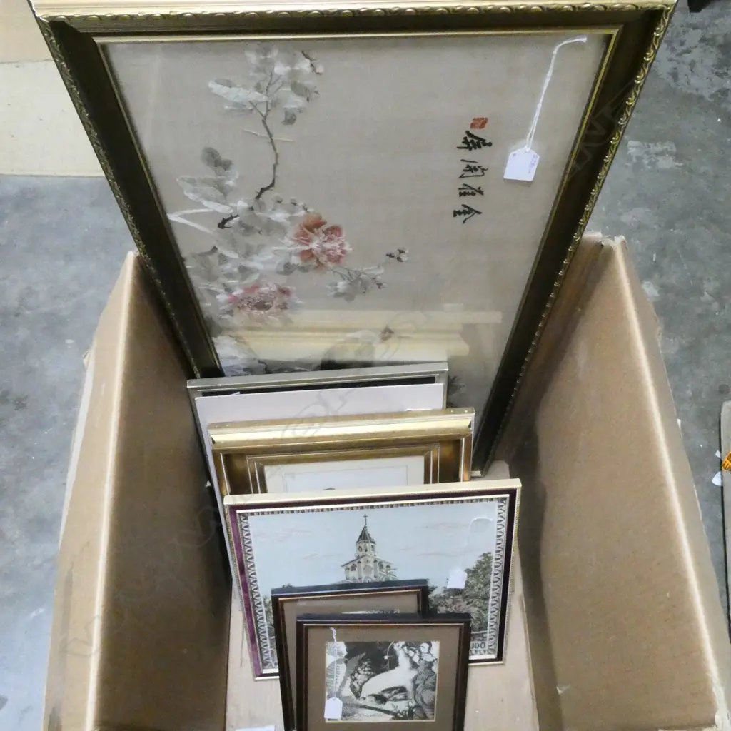 7 ASST FRAMED WORKS; PRINTS, SILK WORK, etc Image 1++