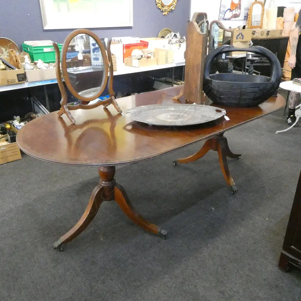 MAHOGANY REGENCY STYLE D-END DOUBLE PEDESTAL DINING TABLE 2180x1010x740mm Image 1++