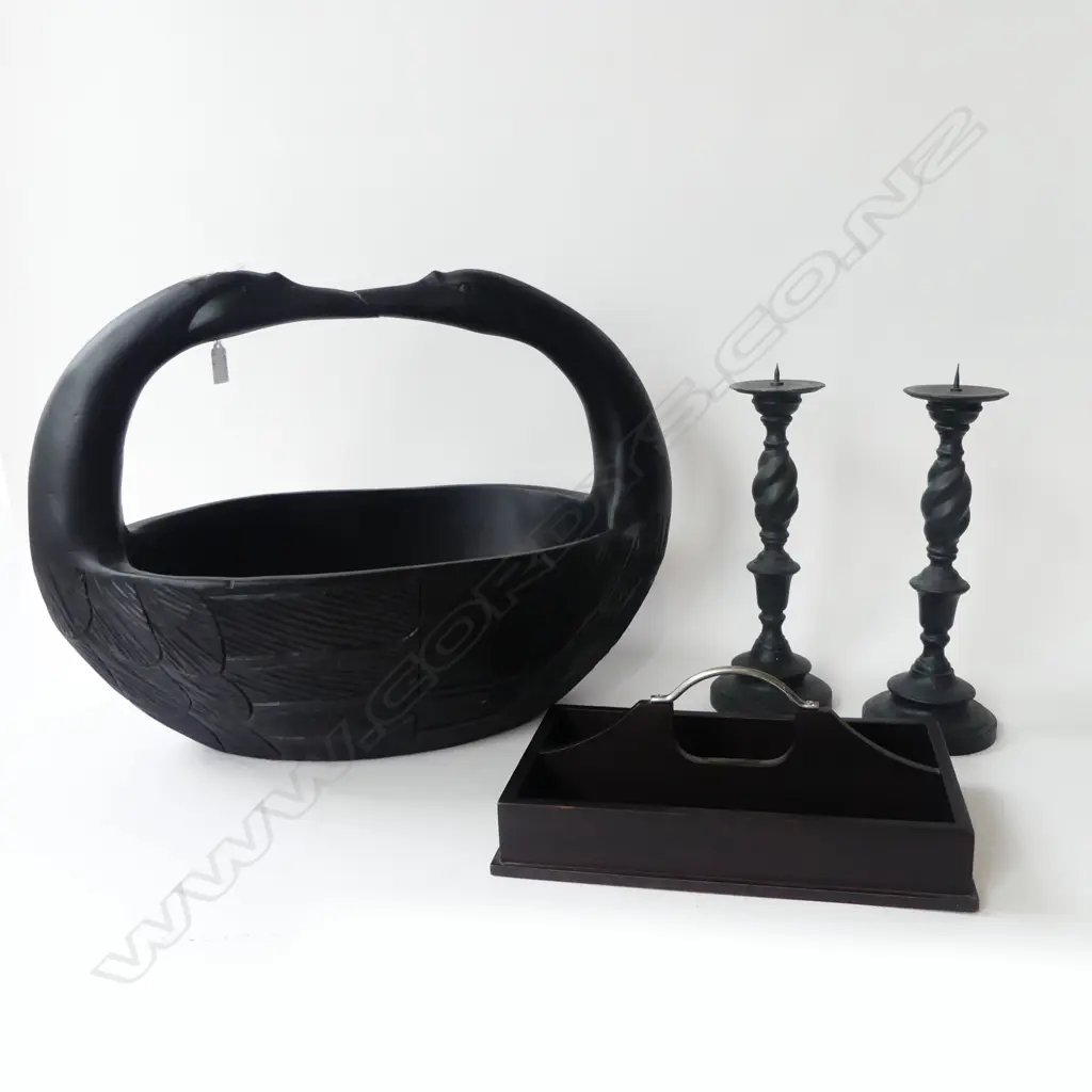 CARVED WOODEN BLACK SWAN BASKET W.580mm + PR METAL CANDLEHOLDERS, CUTLERY TRAY Image 1++