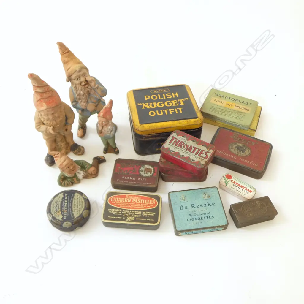 4 GARDEN GNOMES & ASST VINTAGE TINS Image 1++