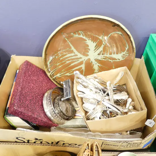 ASST KITCHENALIA; KNIFE SHARPENING SET, KINGS HEAD EP CUTLERY,  ASST EP, NZ POTTERY CHARGER, etc
