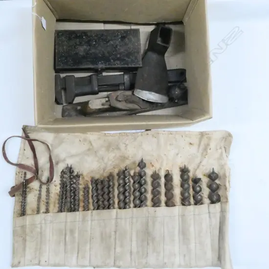 ASST VINTAGE TOOLS; WOOD PLANE, COLLECTION DRILL BITS, etc
