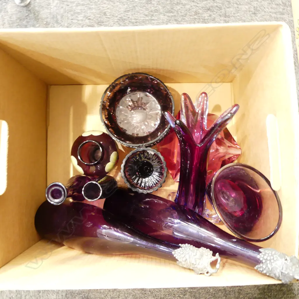 ASST COLOURED GLASSWARE INCLUDING 2 DECANTERS w. GRAPE VINE MOTIFS Image 1++
