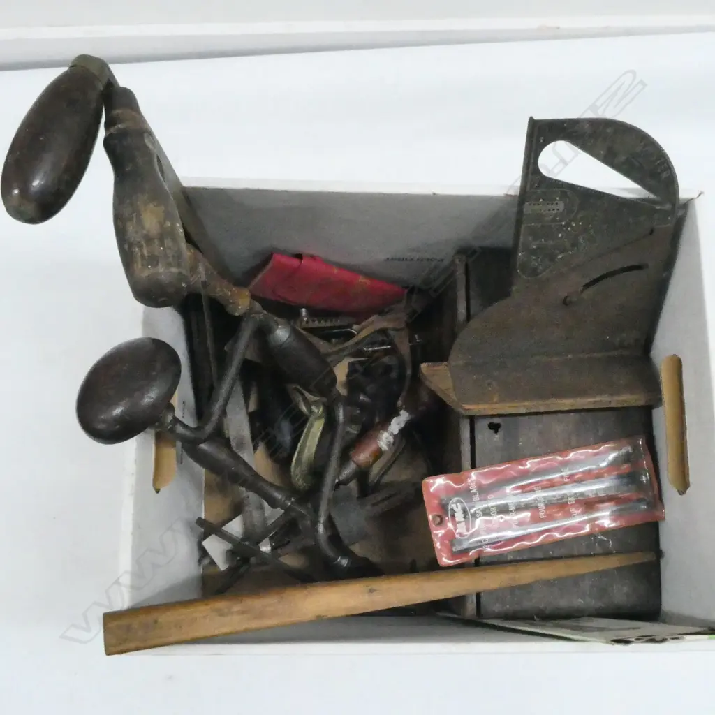 ASST VINTAGE TOOLS; SAWS, HAND DRILL, 9 ASST WHETSTONES, etc Image 1++