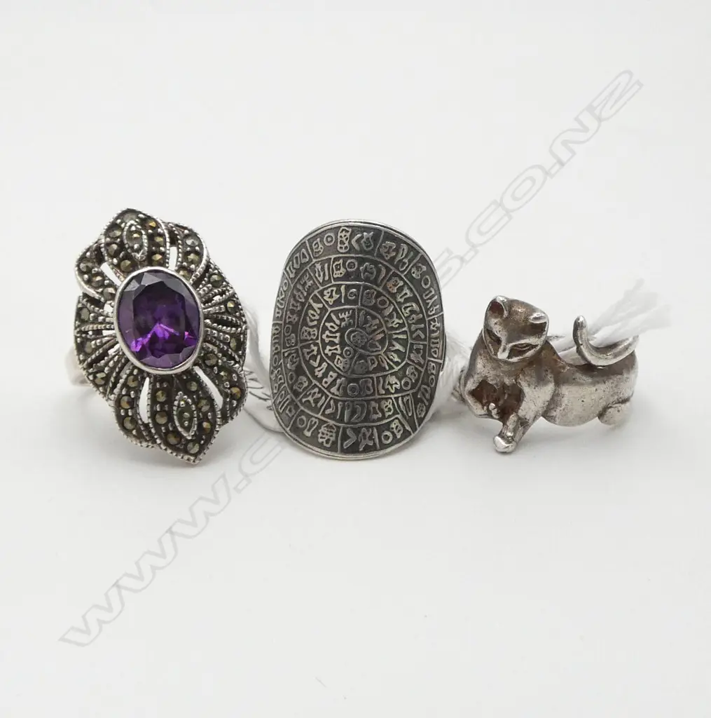 THREE SILVER RINGS; AMETHYST, CAT & COIN Image 1++