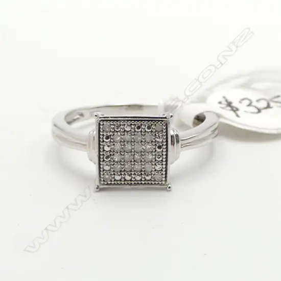 Rhodium plated SILVER & 20 small DIAMOND RING size P 1/2. As new old shop stock