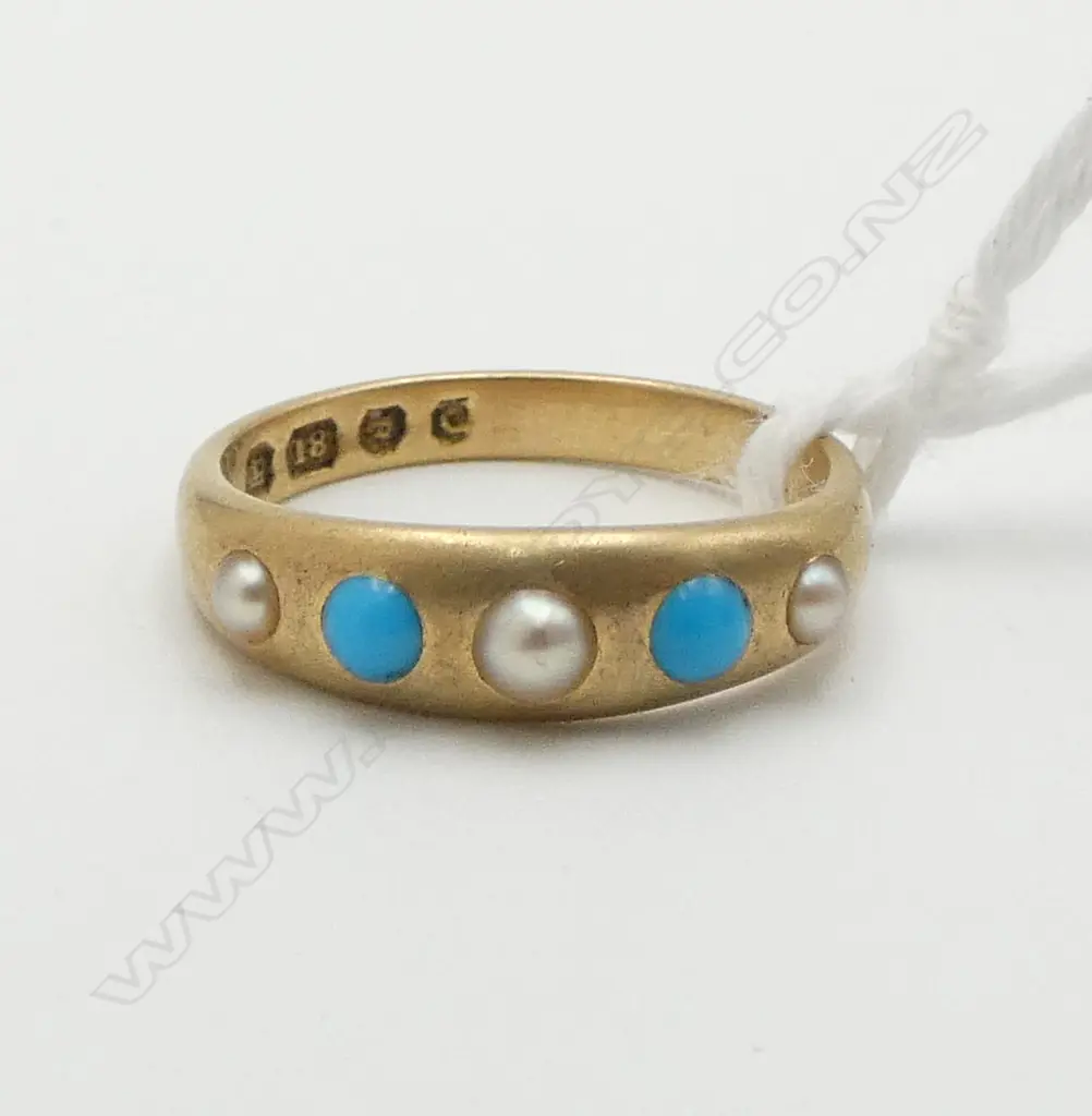 VICTORIAN 18ct GOLD SEED PEARL & TURQUOISE RING, 3.65gms SIZE K1/2 Image 1++