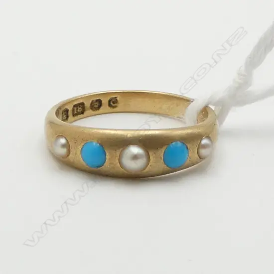 VICTORIAN 18ct GOLD SEED PEARL & TURQUOISE RING, 3.65gms SIZE K1/2
