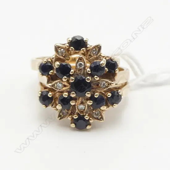 9ct GOLD SAPPHIRE & DIAMOND TRIPLE RING SET 9gms SIZE N