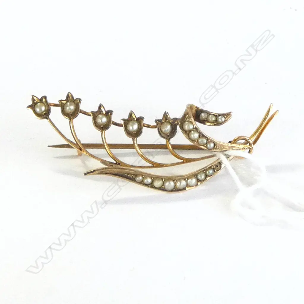 EDWARDIAN 9ct GOLD & SEED PEARL LILY OF THE VALLEY BROOCH 3gms Image 1++