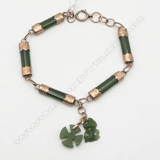 VINTAGE 9ct GOLD & POUNAMU BRACELET faulty catch 11.5gms