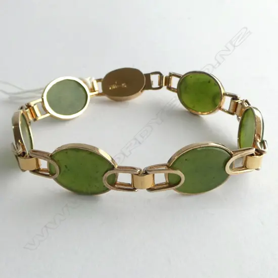 SILVER GILT & 6 GREENSTONE PANEL RETRO BRACELET