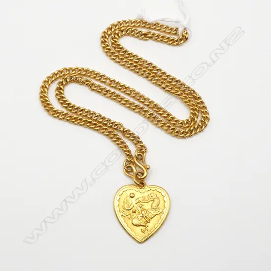 24ct yellow GOLD HEART PENDANT ON 22ct GOLD CHAIN with XRF valuation  48.21gms