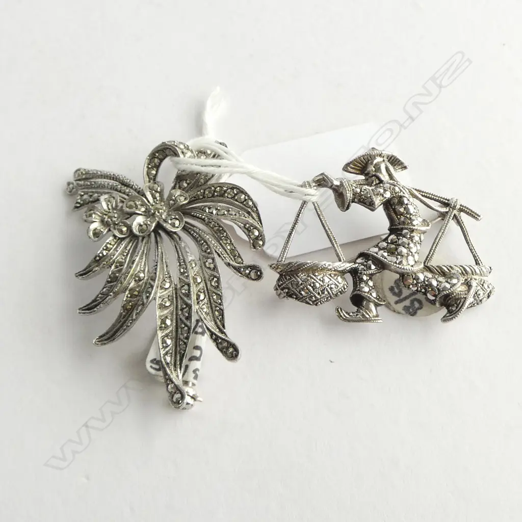 2 SILVER & MARCASITE FLORAL SPRAY BROOCHES 1 as an oriental figure carrying baskets Image 1++