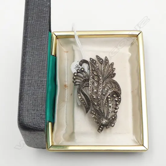 VINTAGE SILVER & MARCASITE FLORAL SPRAY BROOCH L.58mm