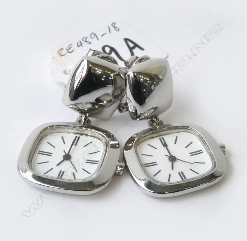 PR COSTUME PIERCED EARRINGS with WATCH FACE DECORATION DROP 40mm Image 1++