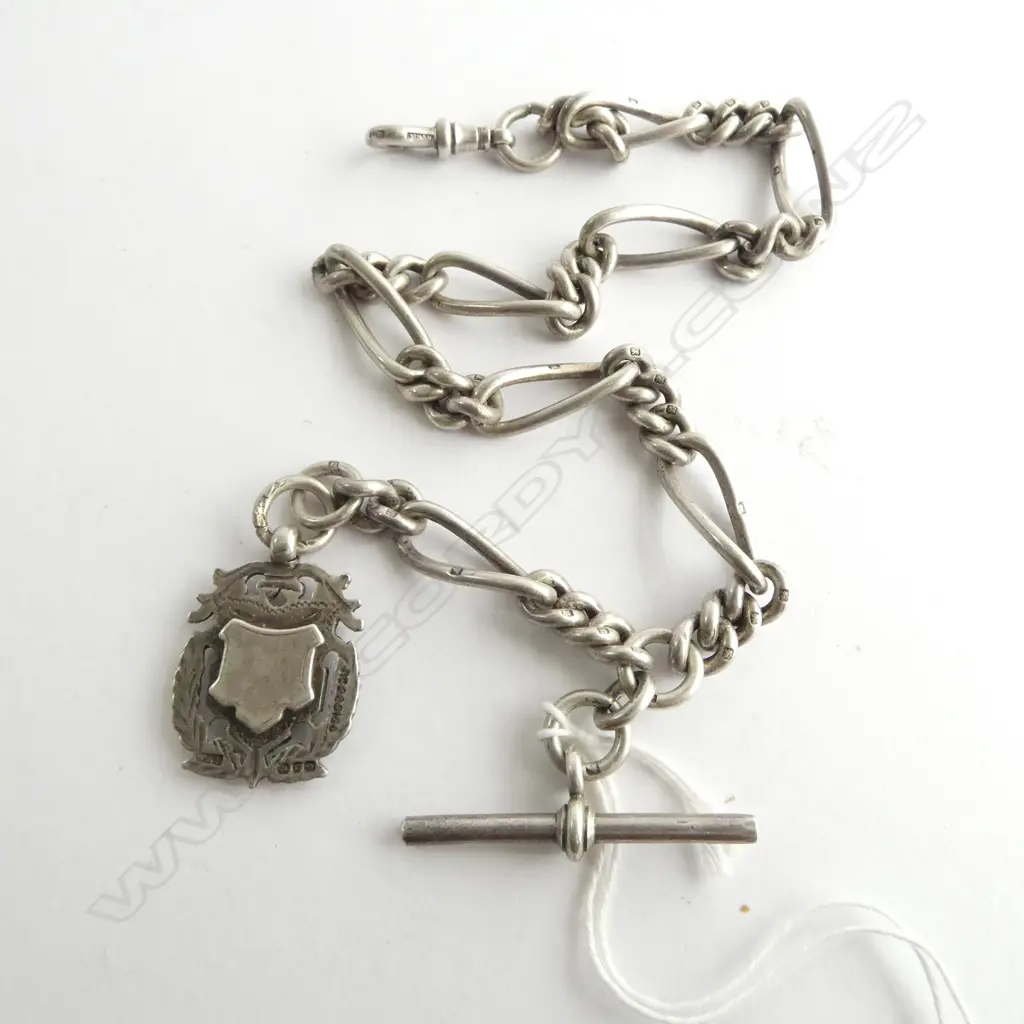 ANTIQUE SUBSTANTIAL SILVER WATCH CHAIN twisted rail & curb links w T-bar & medallion 63gms Image 1++
