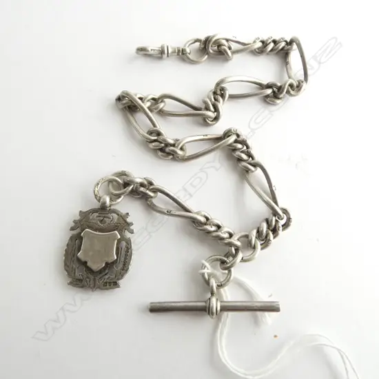 ANTIQUE SUBSTANTIAL SILVER WATCH CHAIN twisted rail & curb links w T-bar & medallion 63gms