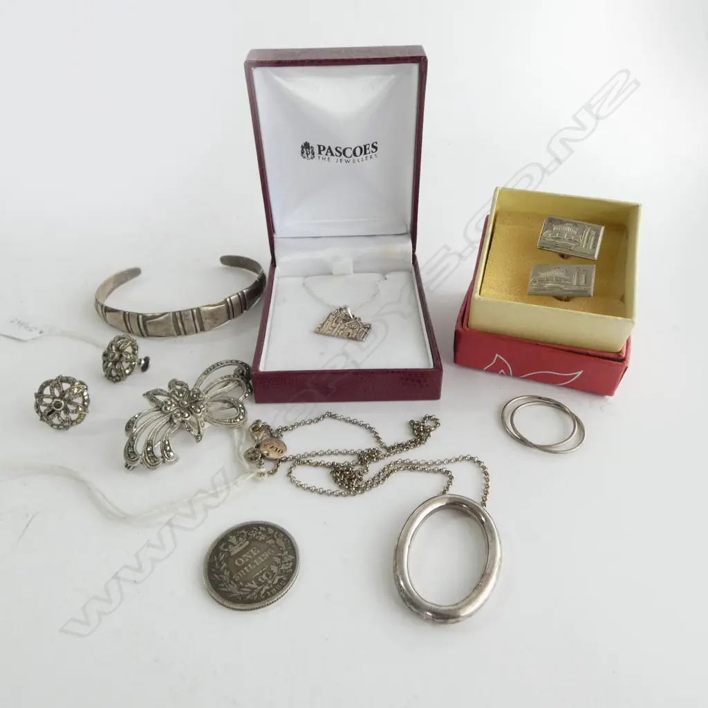 ASST SILVER JEWELLERY: OVAL RING necklace + bangle + marcasite brooch + earrings + Chinese cufflinks + Cathedral necklac Image 1++