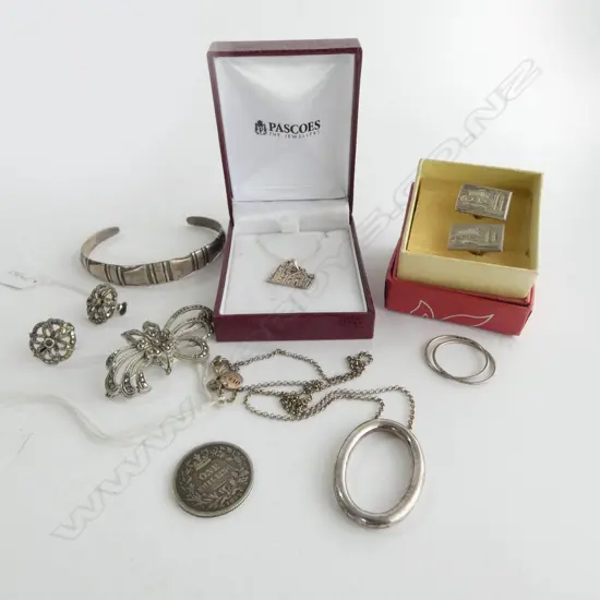 ASST SILVER JEWELLERY: OVAL RING necklace + bangle + marcasite brooch + earrings + Chinese cufflinks + Cathedral necklac