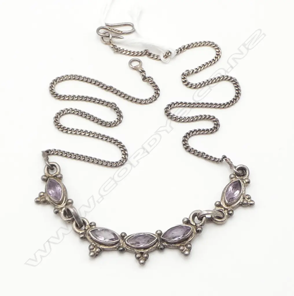 SILVER & 5 AMETHYST NECKLACE vintage Image 1++