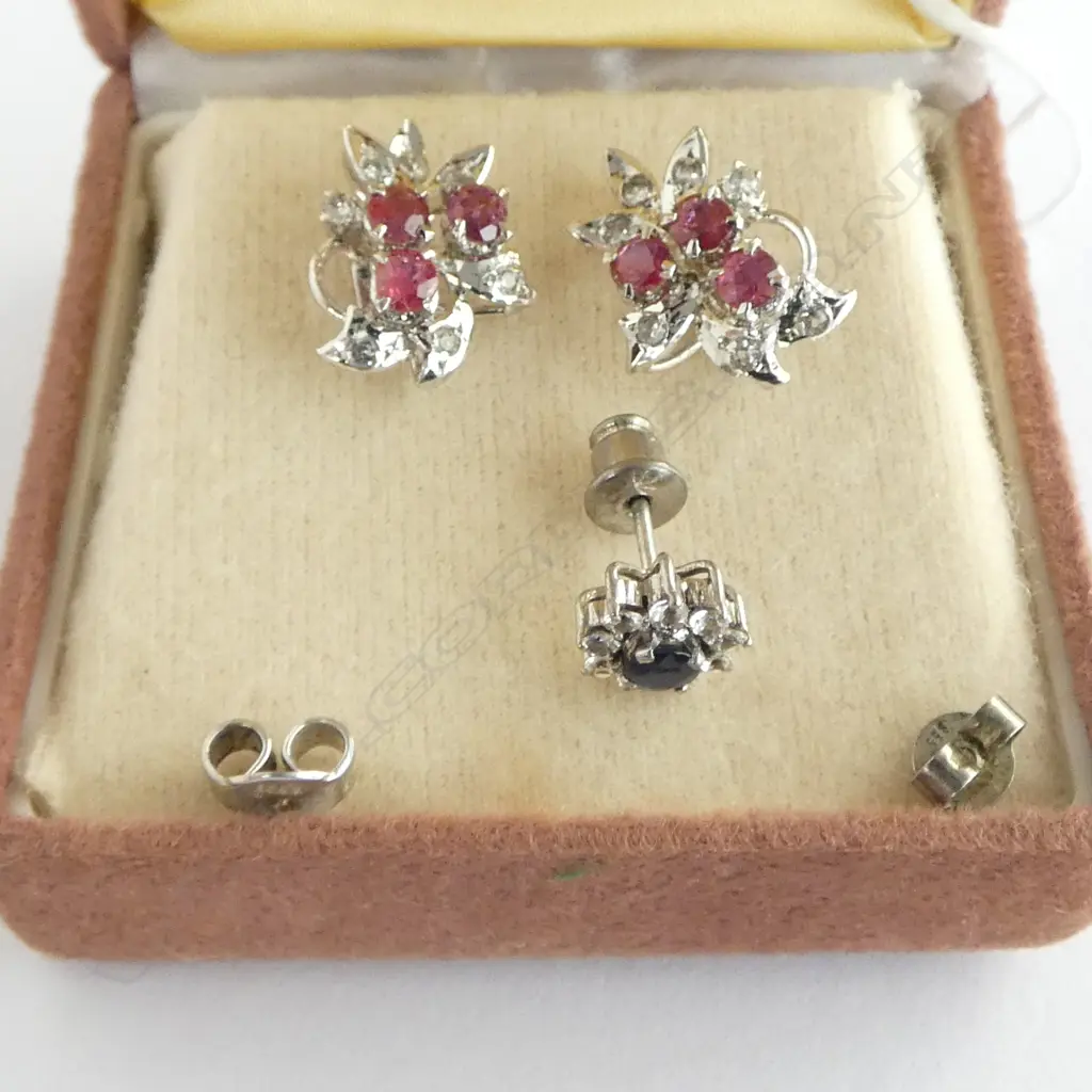 PAIR OF STERLING SILVER AND RUBY FLORAL EARRINGS (PLUS SILVER BLUE AND WHITE STONE STUD EARRING) Image 1++