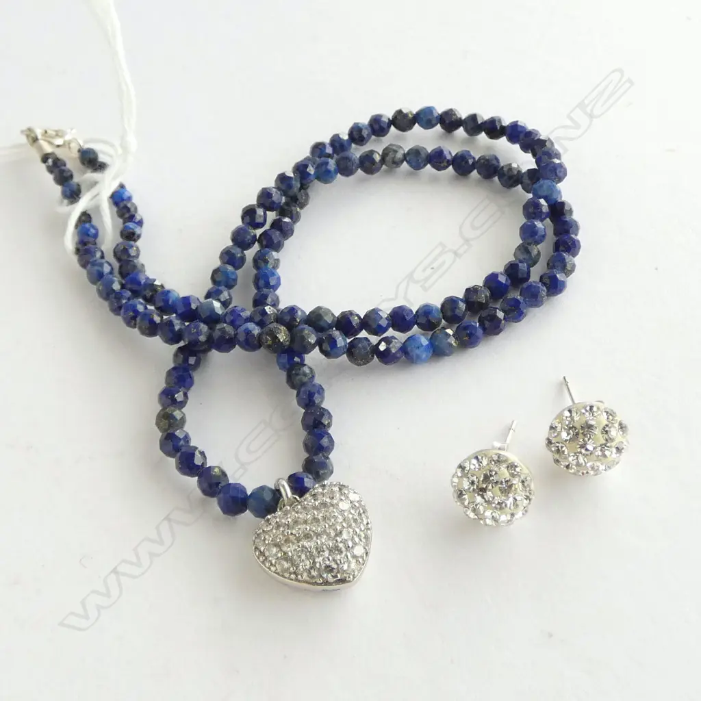 CZ/STAINLESS STEEL PENDANT ON LAPIS LAZULI NECKLACE L.430mm + PR STG/CZ EARRINGS Image 1++