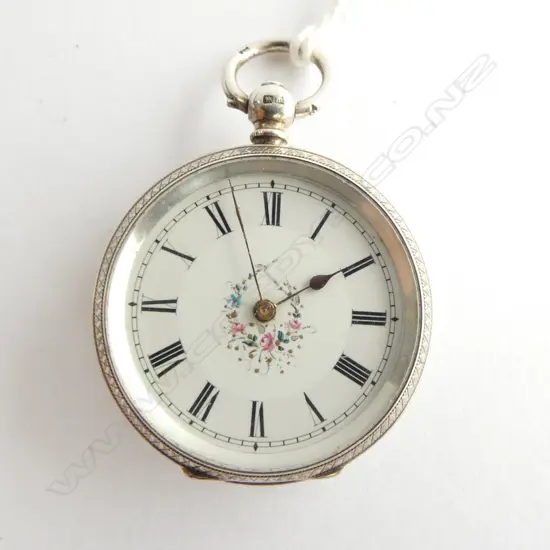 19thC SILVER MID-SIZE POCKET WATCH open face floral & gilt fine detail running