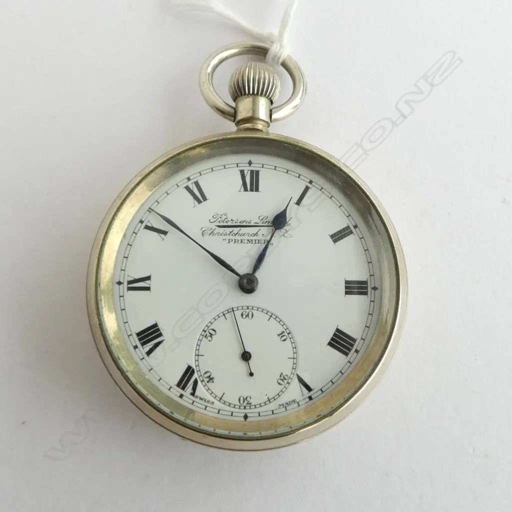 c.1900 SWISS MADE POCKET WATCH open face named Petersens Ltd. ChCh NZ. Running Image 1++