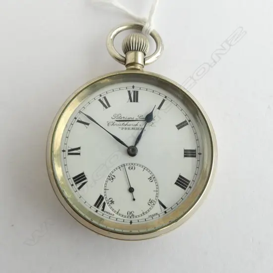 c.1900 SWISS MADE POCKET WATCH open face named Petersens Ltd. ChCh NZ. Running