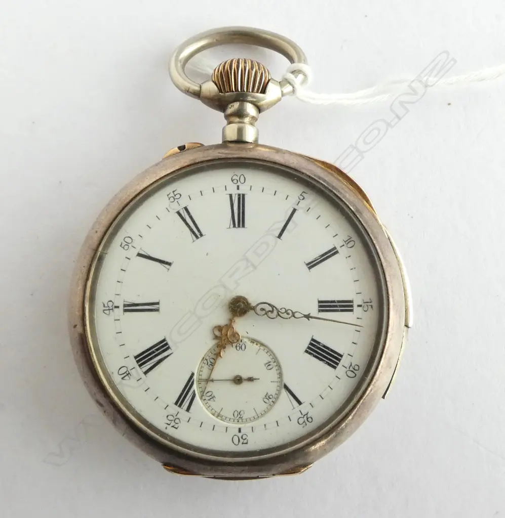 vintage SILVER OPEN FACE POCKET WATCH white enamel dial. Side sliding button for alarm not working properly Image 1++