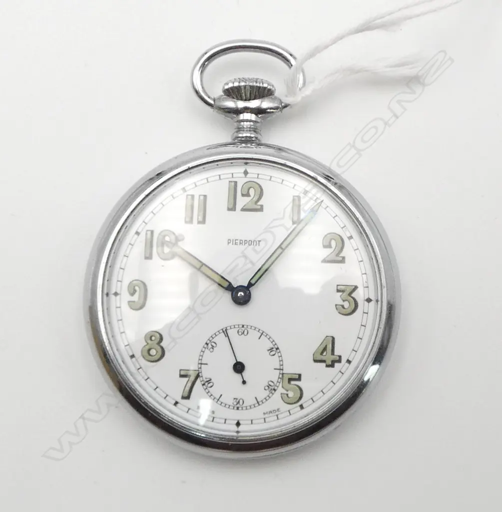 'PIERPONT' VINTAGE CHROME OPEN FACE POCKET WATCH . lumo numerals. Running Image 1++