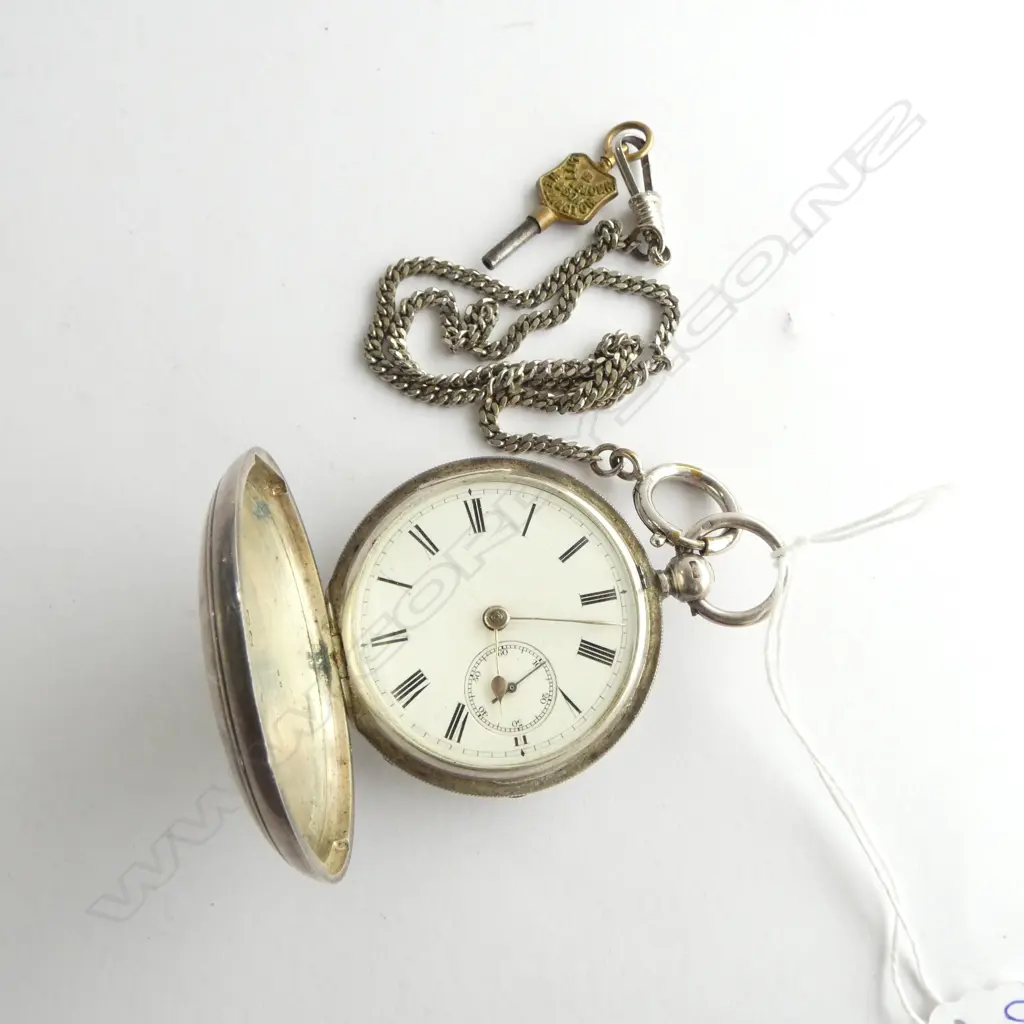 Birmingham 1884 SILVER GENT'S FOB WATCH by W Ehrhardt of London fuse movement + chain Image 1++