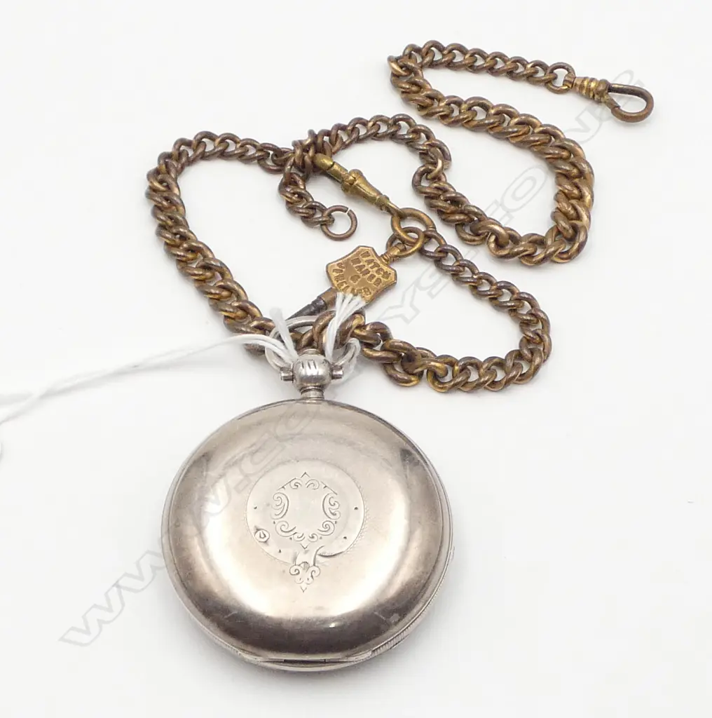 ROTHERHAMS SILVER HUNTER POCKET WATCH fusee movement running. Gold plate chain w Wgtn key  Image 1++
