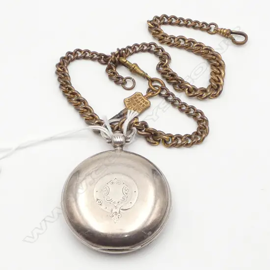 ROTHERHAMS SILVER HUNTER POCKET WATCH fusee movement running. Gold plate chain w Wgtn key 