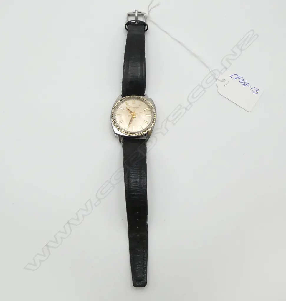 VINTAGE BULOVA ACCUTRON GENT'S 14ct GOLD bezel ring & stainless case WRISTWATCH w leather strap. c.1970. Working Image 1++