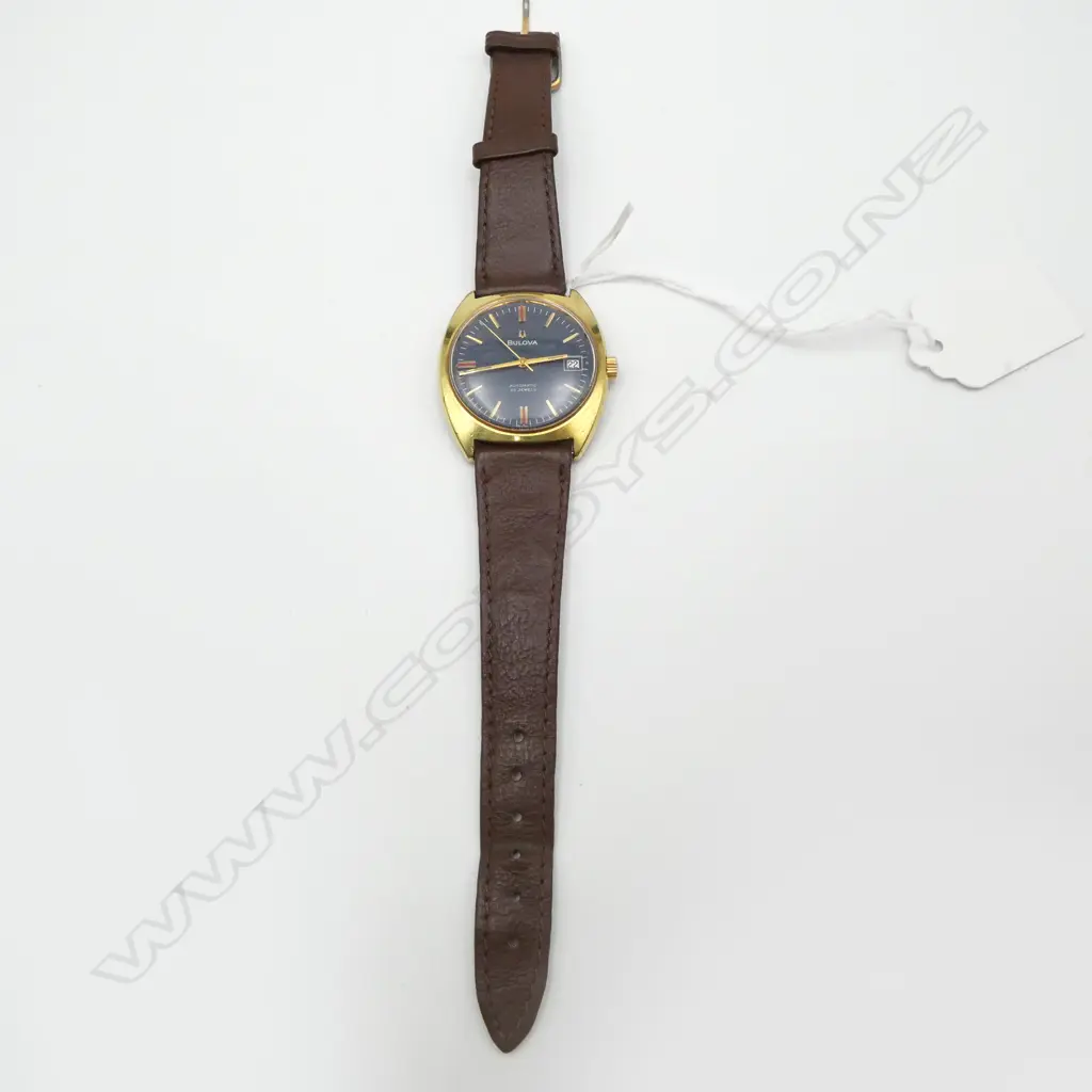 VINTAGE BULOVA AUTOMATIC 23 JEWELS GENT'S GOLD PLATE & stainless WRISTWATCH w leather strap c.1970/80. Working Image 1++