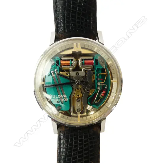 VINTAGE BULOVA ACCUTRON Spaceview GENT'S stainless WRISTWATCH w leather strap. c.1968. Working 